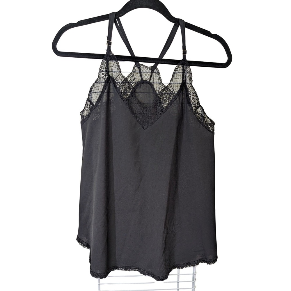 Black Lace Trim Cami Medium Tank Top Spaghetti Strap V Neck Whimsigoth Ethereal